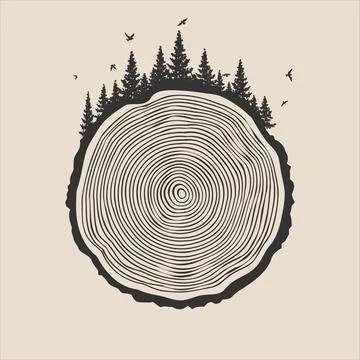 Round tree trunk cut with trees, forest and birds. Sawn pine or oak slice Stock Illustration