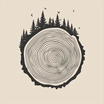 Round tree trunk cut with trees, forest and birds. Sawn pine or oak slice Stock Illustration