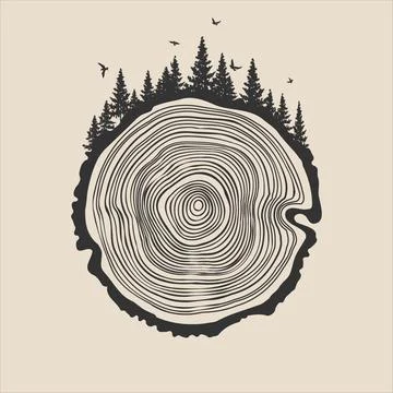 Round tree trunk cut with trees, forest and birds. Sawn pine or oak slice Illustrazione stock