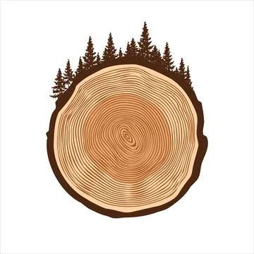 Round tree trunk cut with trees and forest. Sawn pine or oak slice, lumber. Saw Stock Illustration