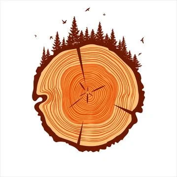 Round tree trunk cut with trees, forest and birds. Sawn pine or oak slice Illustrazione stock