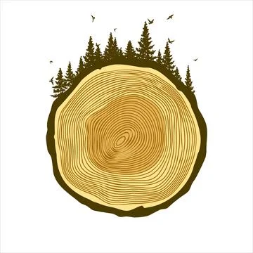 Round tree trunk cut with trees, forest and birds. Sawn pine or oak slice Illustrazione stock