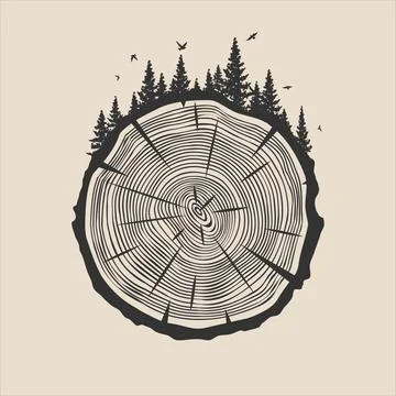 Round tree trunk cut with trees, forest and birds. Sawn pine or oak slice Stock Illustration
