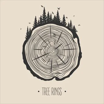 Round tree trunk cut with trees, forest and birds. Sawn pine or oak slice Stock Illustration