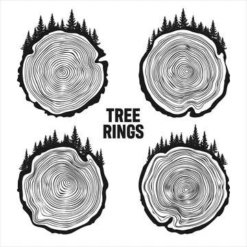 Round tree trunk cuts with trees and forest. Sawn pine or oak slices, lumber Stock Illustration