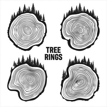 Round tree trunk cuts with trees and forest. Sawn pine or oak slices, lumber Illustrazione stock