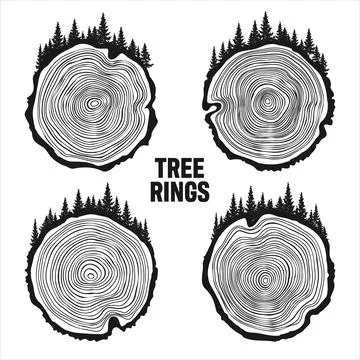 Round tree trunk cuts with trees and forest. Sawn pine or oak slices, lumber Stock Illustration