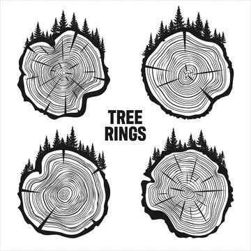 Round tree trunk cuts with trees and forest. Sawn pine or oak slices, lumber Illustrazione stock