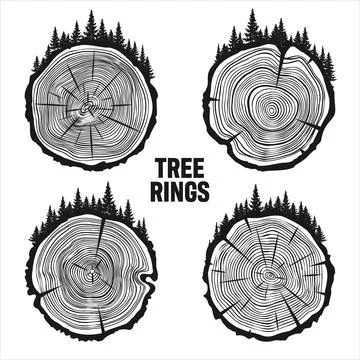 Round tree trunk cuts with trees and forest. Sawn pine or oak slices, lumber Stock Illustration