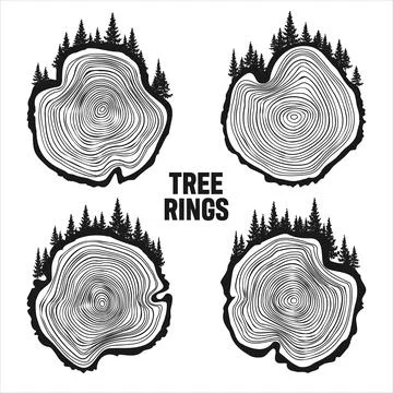 Round tree trunk cuts with trees and forest. Sawn pine or oak slices, lumber Illustrazione stock