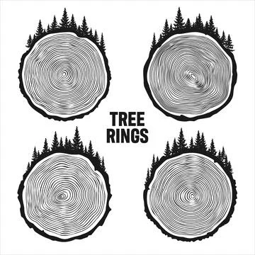 Round tree trunk cuts with trees and forest. Sawn pine or oak slices, lumber Illustrazione stock