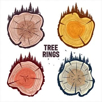 Round tree trunk cuts with trees, forest and birds. Sawn pine or oak slices Stock Illustration