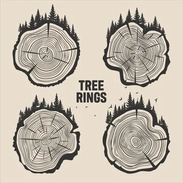 Round tree trunk cuts with trees, forest and birds. Sawn pine or oak slices Stock Illustration