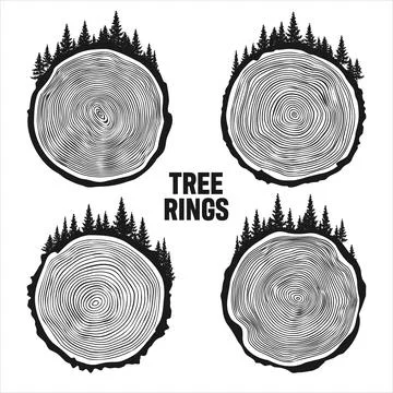 Round tree trunk cuts with trees and forest. Sawn pine or oak slices, lumber Stock Illustration