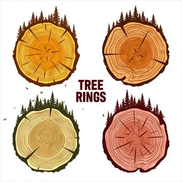 Round tree trunk cuts with trees, forest and birds. Sawn pine or oak slices Stock Illustration