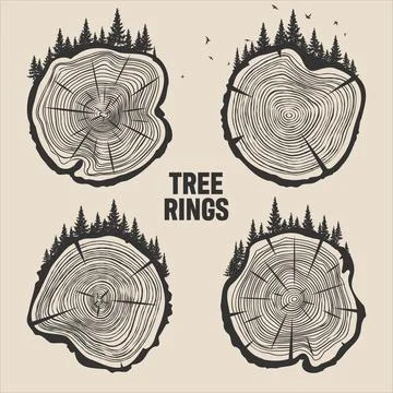 Round tree trunk cuts with trees, forest and birds. Sawn pine or oak slices Stock Illustration