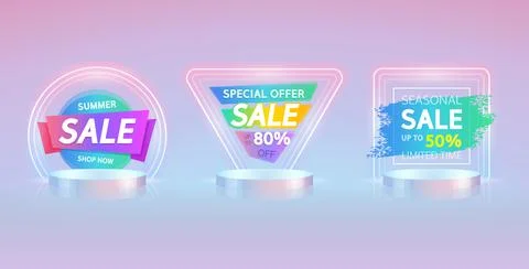 Round, Triangular and Square Light Neon Sale Banners イラスト素材