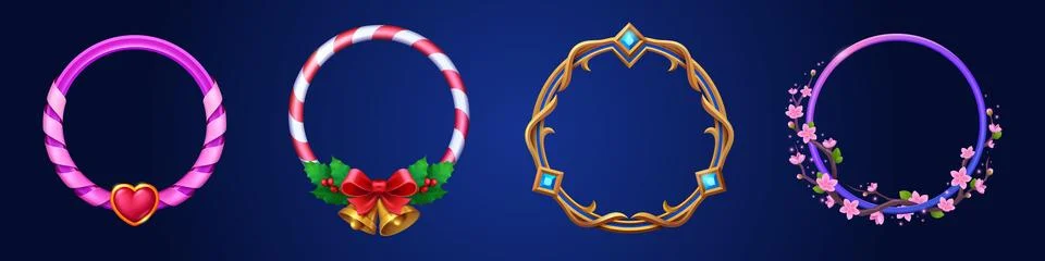 Round ui game avatar frames, fantasy borders set Stock Illustration