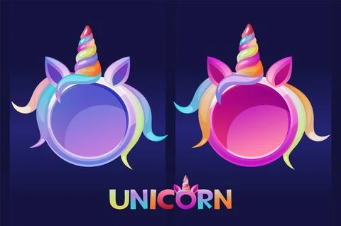 Round unicorn frames, cartoon blank avatars for graphic design. Stock Illustration