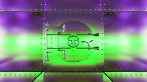 Round vault door with combination wheel lighting up green and purple backgrou Stock Illustration