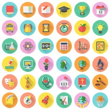 Round vector flat school subjects icons Stock Illustration