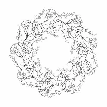 Round vector frame with flowers on an isolated background. Coloring book, dec Stock Illustration