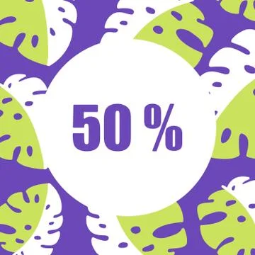 Round vector frame with palm tree branches background and Summer Sale 50 off Stock Illustration