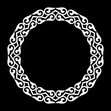 Round vector frame traditional white Kazakh ornate motifs on a black background Illustrazione stock