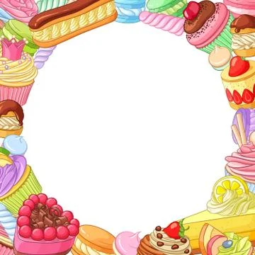 Round vector frame with variety of desserts. Stock Illustration