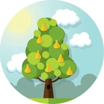 Round vector pattern pear tree in the clouds and sun on blue sky Stockillustratie