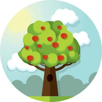 Round vector picture tree apples apple  among the clouds and sun on blue sky Illustrazione stock