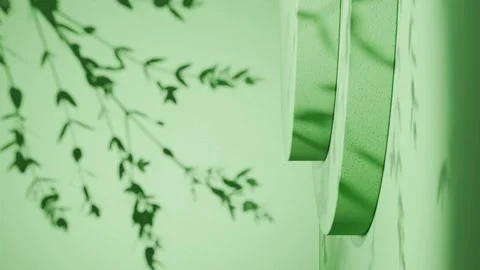 Round vertical podium casting leaf shadows on green background. Minimal studio Stock Footage 307171076