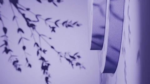 Round vertical podium casting leaf shadows on purple background. Minimal studio Stock Footage 307171086