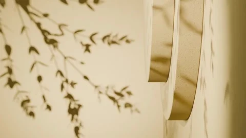 Round vertical podium casting leaf shadows on yellow background. Minimal studio Stock Footage 307172504