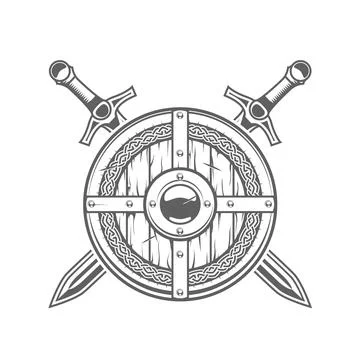 Round viking shield with celtic pattern and two crossed swords, medieval knig Stock-Illustration
