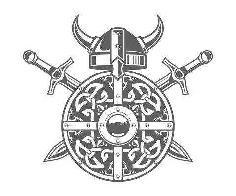 Round viking shield with celtic pattern and horned helmet, barbarian coat of Stock Illustration