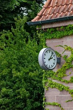 Round Wall Clock on Ivy Covered Historic Building with Red Tiled Roof 스톡 사진