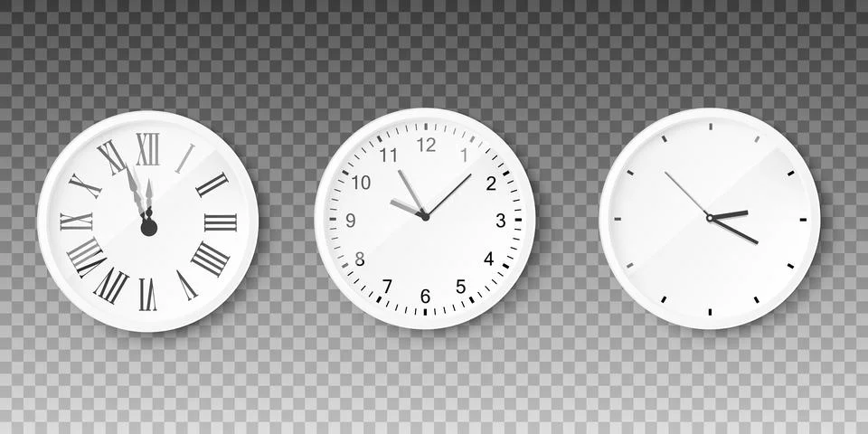 Round wall clock with white dial, realistic 3d vector illustration isolated on Stock Illustration