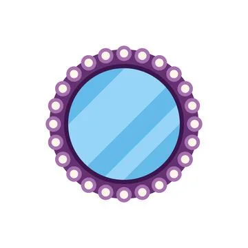 Round wall mirror with purple frame and decorative lights reflecting light .. Stock Illustration