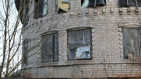 Round wall with windows, facade of an abandoned house Stock Footage 123111141