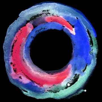 Round watercolor frame, circle shape form isolated on black background. Stock Illustration