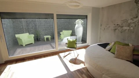 Round white bed in modern house Stock Footage 53080949
