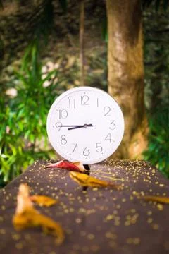 Round white clock 8:45 fall season Stock Photos