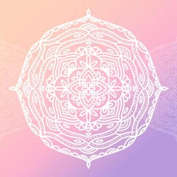 Round white mandala on gradient pink isolated background. Vector boho mandala Stock Illustration
