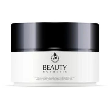 Round white plastic jar with black glossy lid for cosmetics - body cream, gel Stock Illustration
