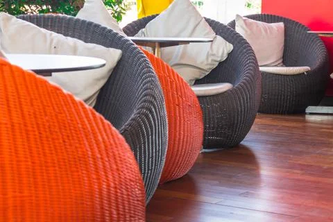 Round wicker Table sets. Foto stock