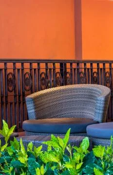 Round wicker Table sets. Foto stock