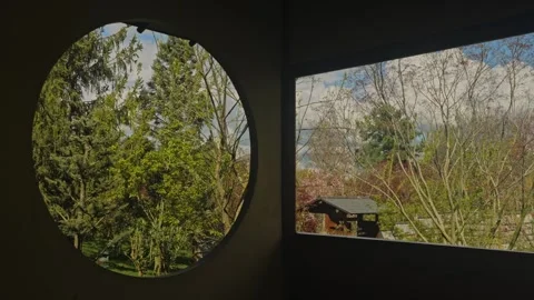 Round Window Frames Evergreen Garden Vídeo Stock 335950434