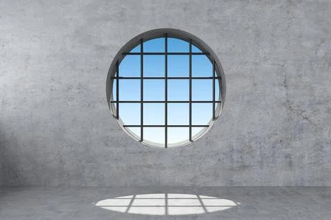 Round window with grating in concrete wall Stock Illustration