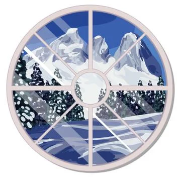 The round window overlooking the snow-covered mountain slope and coniferous Stock Illustration